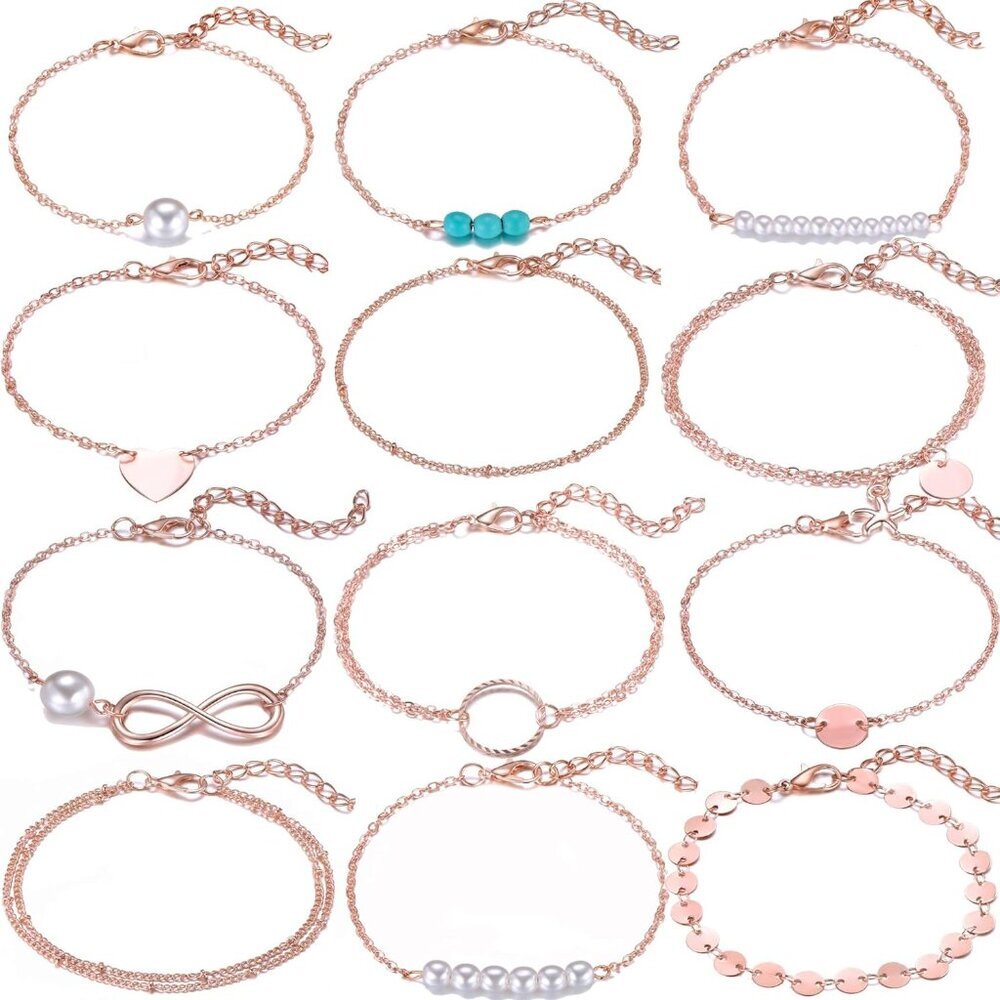 12pcs Simple Silver Gold Bracelets for Women Cute Pearl Bracelet Tiny Charm Dain